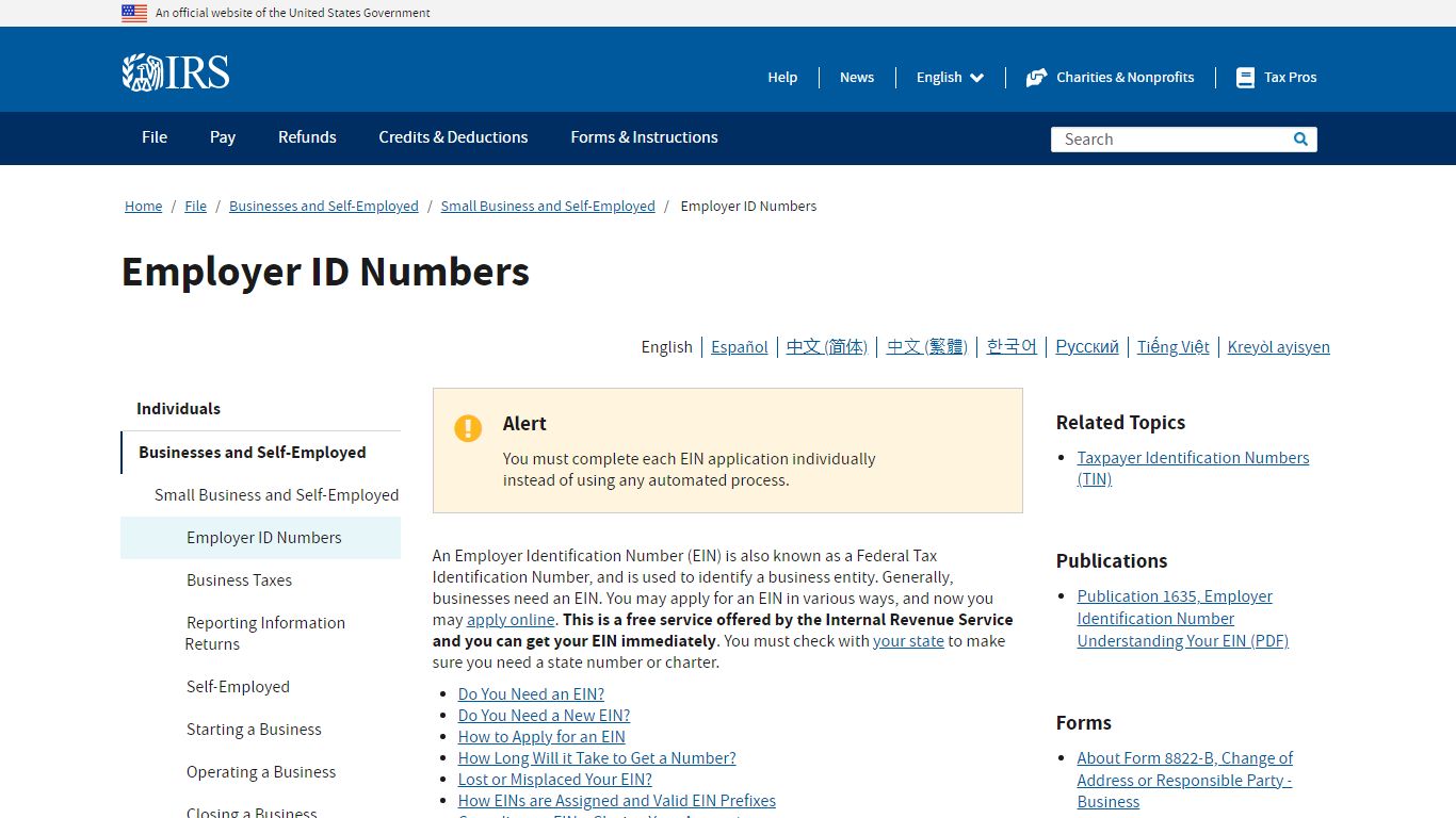 Employer ID Numbers | Internal Revenue Service - IRS tax forms